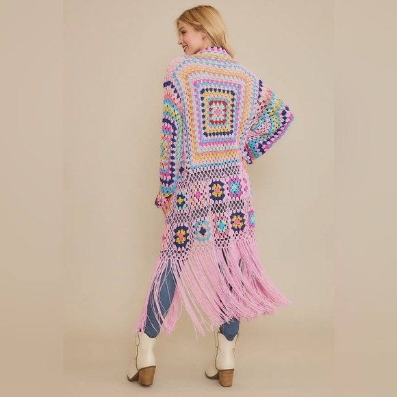 Sweet Generis S/M Pink Multi Crochet Fringe Cardigan Grannycore Cottagecore - Picture 3 of 3